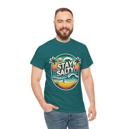 Stay Salty Retro Surf Unisex Heavy Cotton Tee, Vintage Beach Sunset Graphic T-Shirt, Summer Ocean Wave Surfer Shirt, Ocean Lover Gift