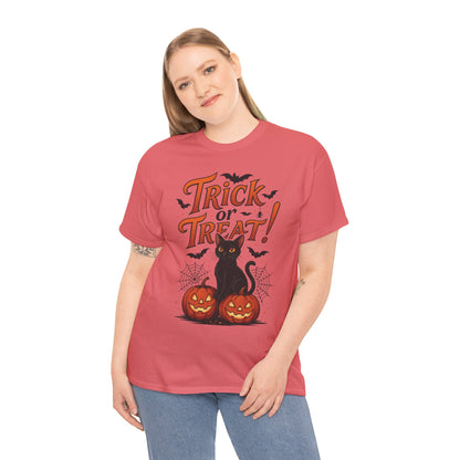 Trick or Treat Black Cat Halloween T-Shirt for Women, Spooky Cute Pumpkin Cat Tee, Fall Halloween Outfit Gift, Vintage Witchy Top