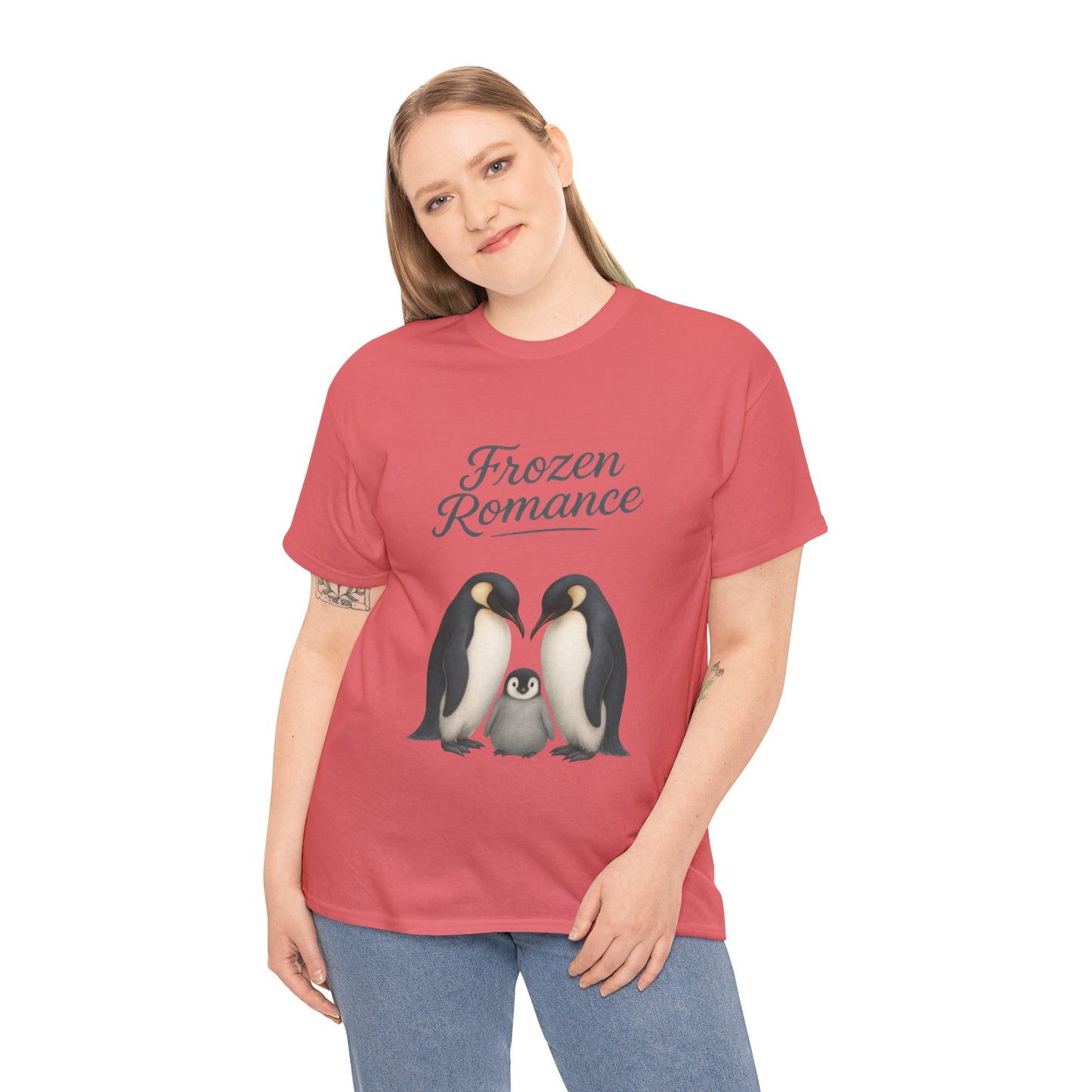 Womens Heavy Cotton Tee, Womens Frozen Romance Penguin T-Shirt, Cute Animal Graphic Tee, Love Birds Shirt Gift