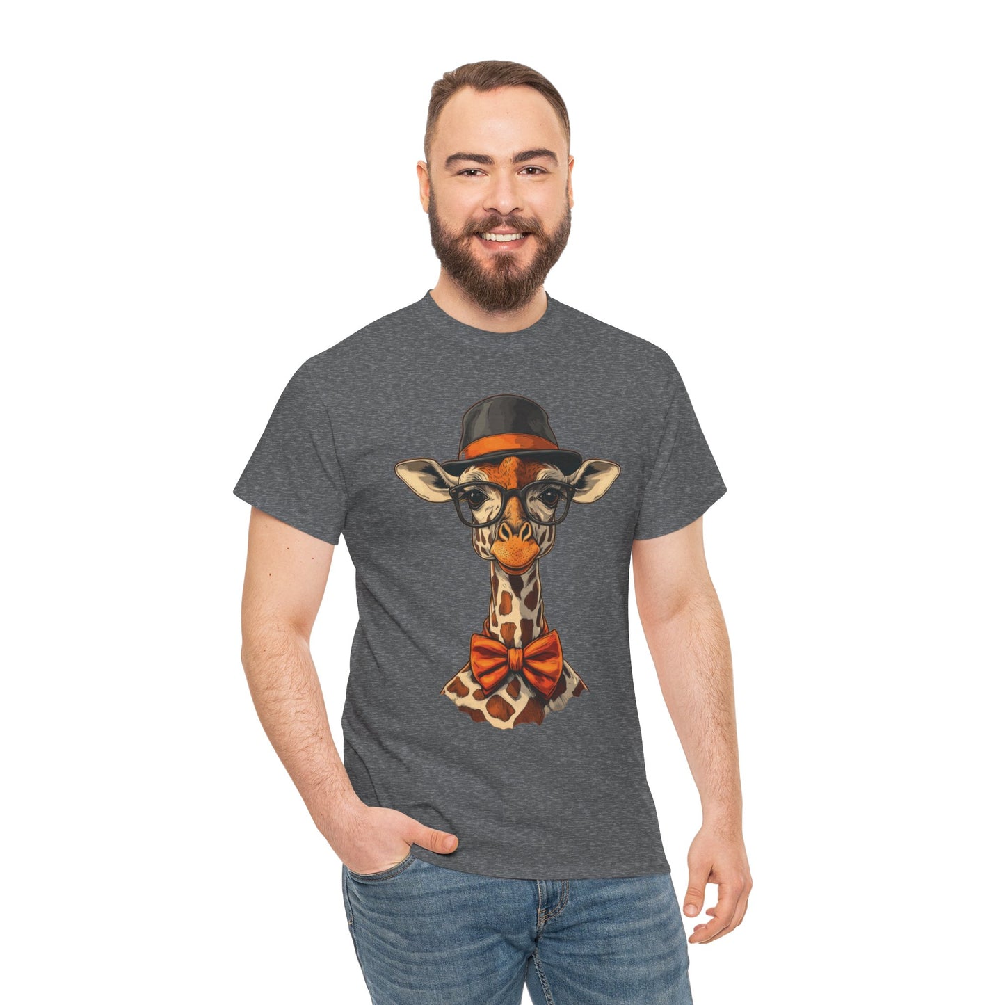 Hipster Giraffe T-Shirt with Hat and Glasses, Whimsical Giraffe Tee, Fun Gift, Cute Graphic Shirt, Unisex Heavy Cotton Tee