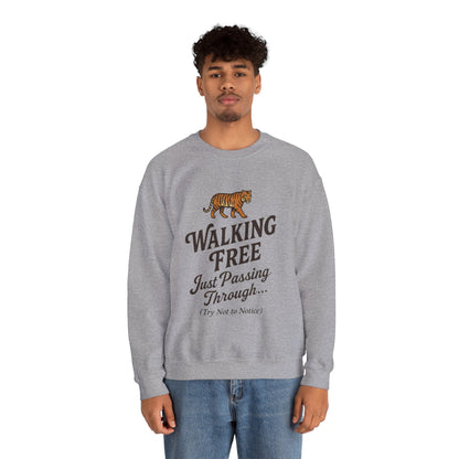 Funny Tiger Mens Crewneck Sweatshirt - Walking Free Cozy Wild Animal Pullover - Motivational Sweatshirt, Inspirational Apparel