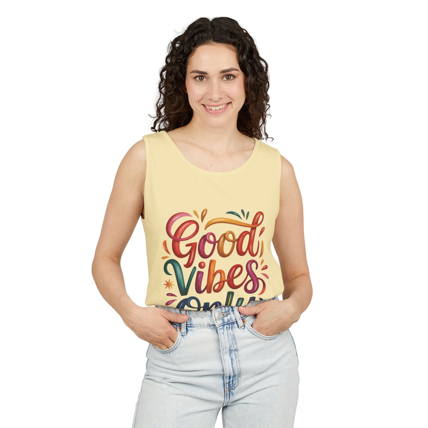 Good Vibes Only Unisex Garment-Dyed Tank Top, Summer Casual Wear, Festival Outfit, Beach Day Tee, Gift for Friends, Positive Vibes Apparel