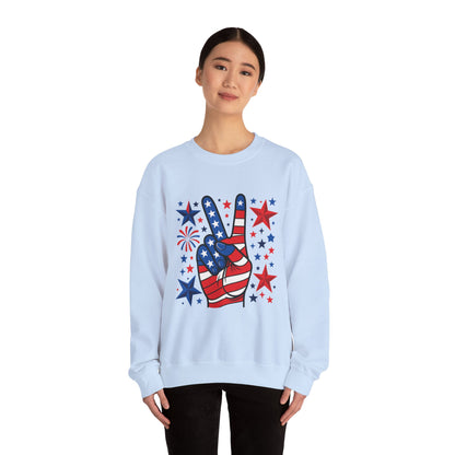 Patriotic Peace Crewneck Sweatshirt - Unisex Heavy Blend, 4th of July Clothing, Peace Sign Design, Casual Wear, Gift for Him/Her