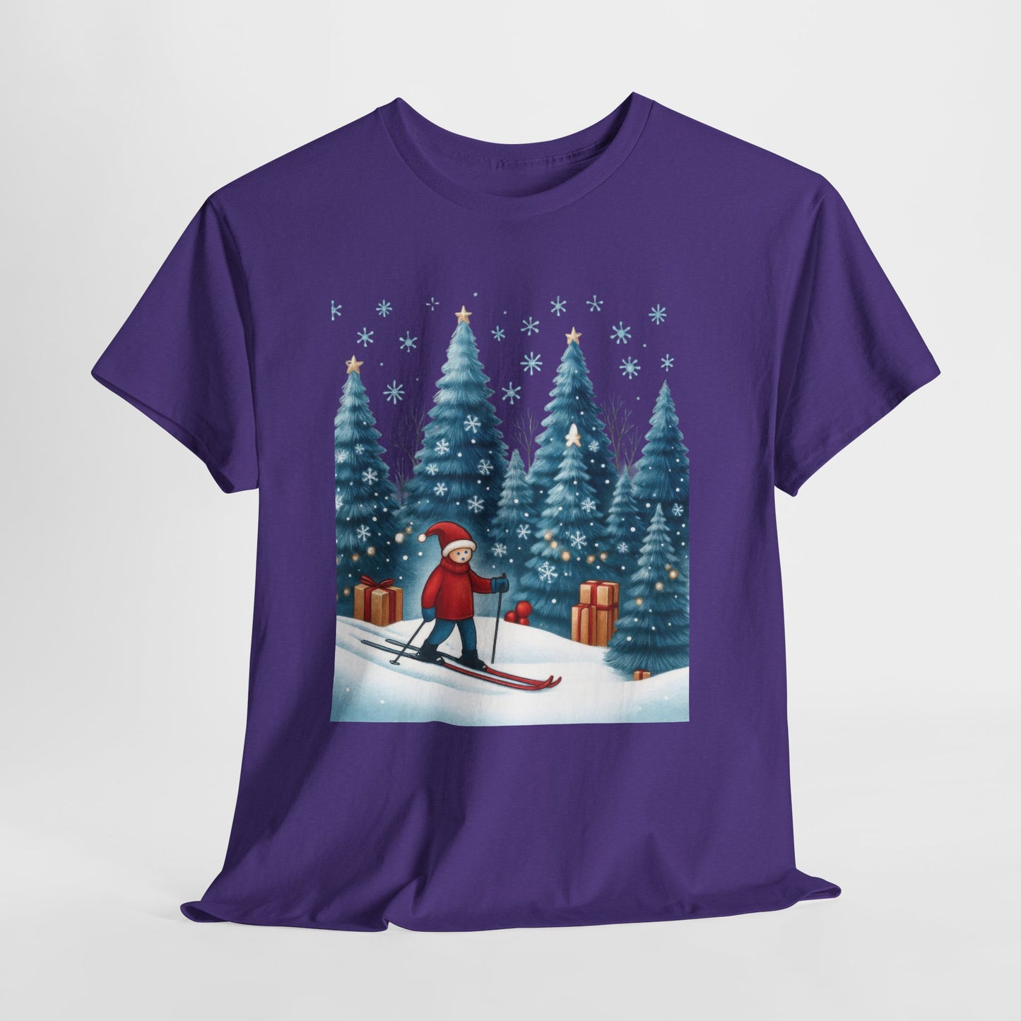 Womens Cute Winter Holiday Graphic Tee, Christmas Skiing T-Shirt, Women's Heavy Cotton Tee