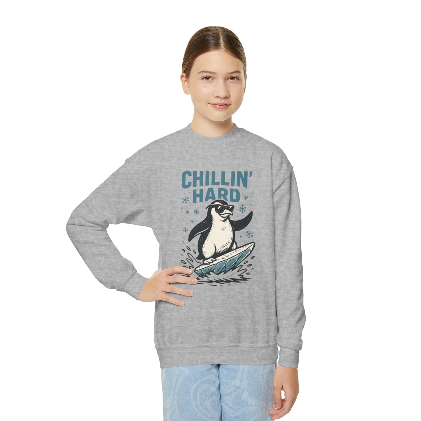 Youth Crewneck Sweatshirt, Kids Chillin Hard Penguin Sweatshirt, Funny Cool Animal Pullover for Children
