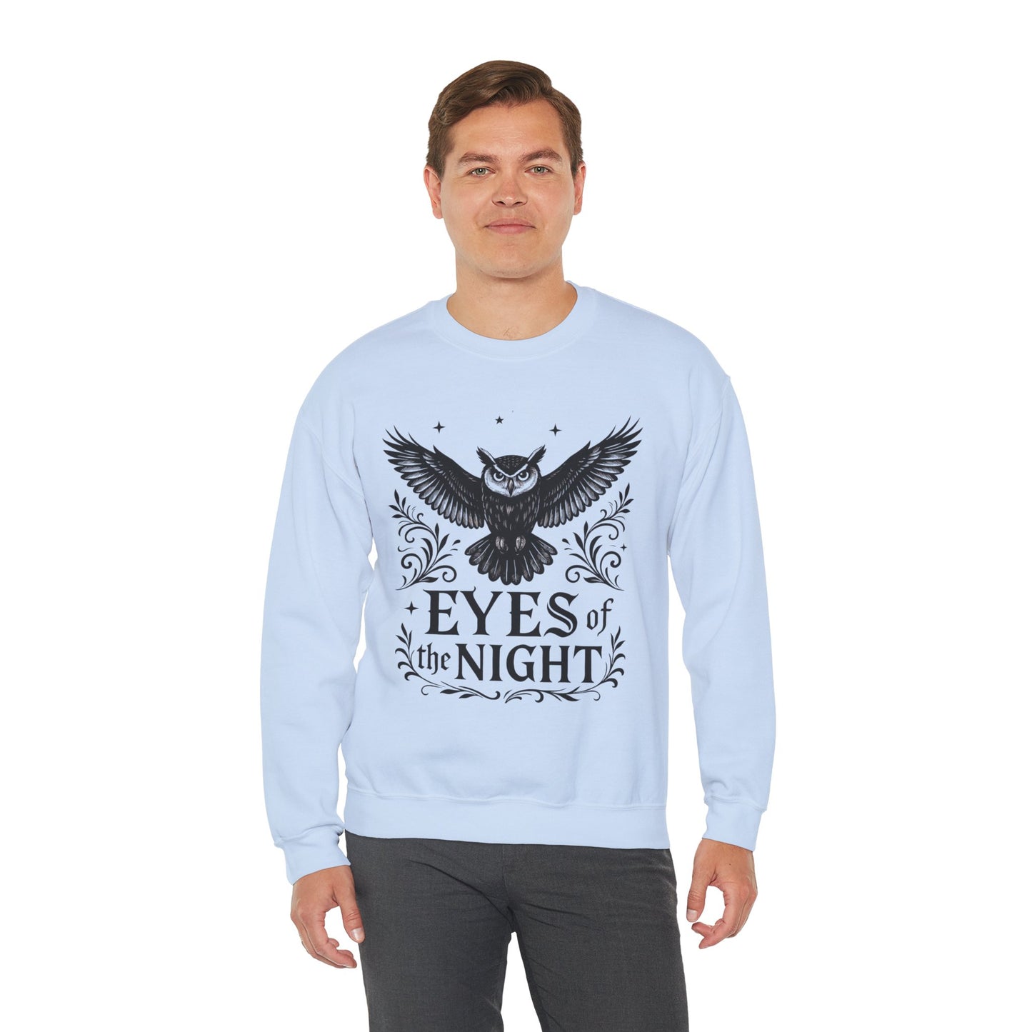 Eyes of the Night Owl Sweatshirt, Mens Dark Gothic Sweatshirt, Mysterious Owl Graphic Pullover, Forest Bird of Night Design, Halloween Gift