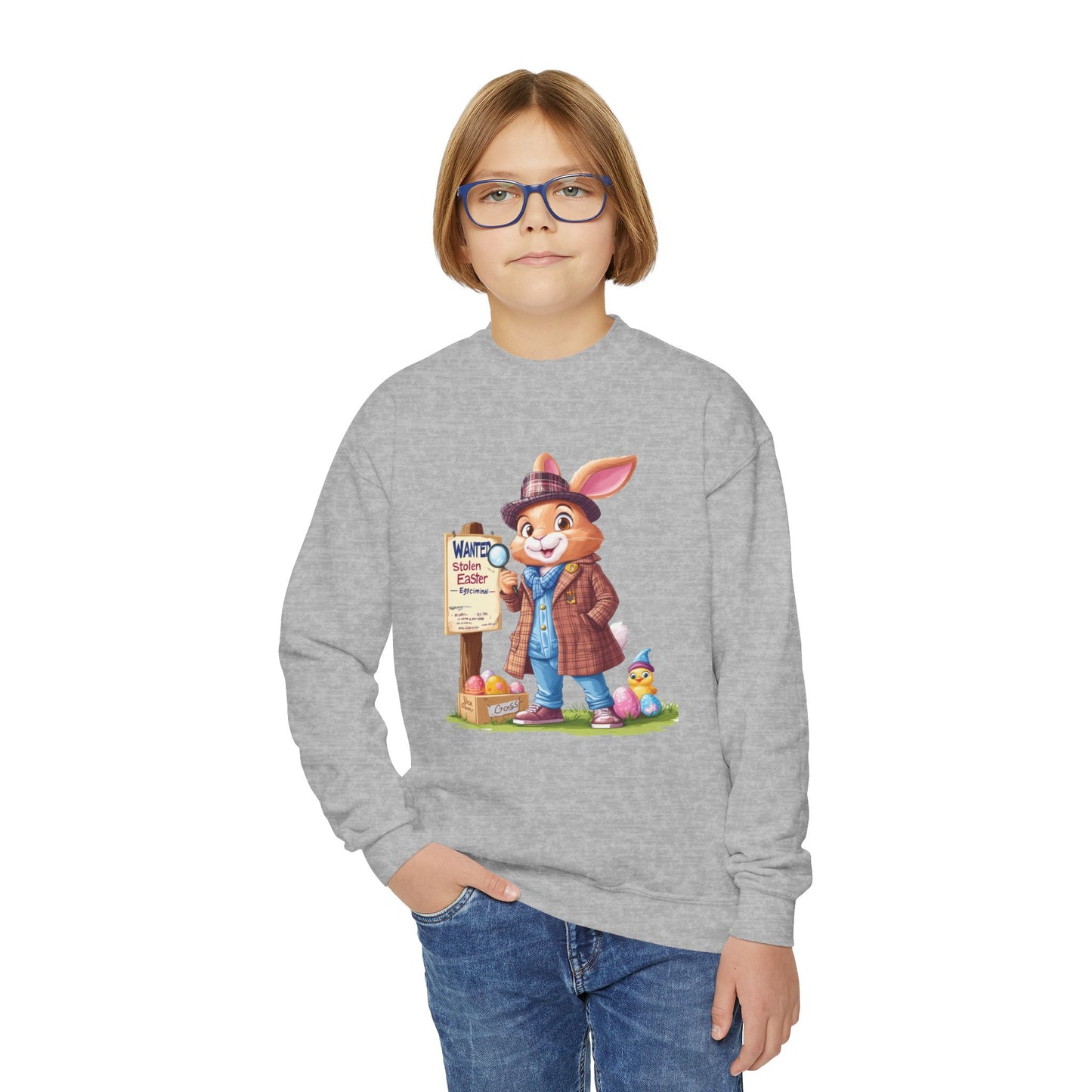 Easter Bunny Detective Kids Sweatshirt - Fun Egg Hunt Design, Cute Spring Holiday Outfit, Youth Crewneck for Boys & Girls, Easter Gift