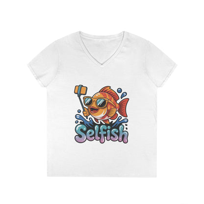 Ladies' V-Neck T-Shirt, Funny Selfie Fish Graphic Womens Tee, Playful Pun Gift for Her, Summer Vibes, Unique Beach Shirt, Outdoor Adventures