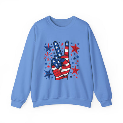 Patriotic Peace Crewneck Sweatshirt - Unisex Heavy Blend, 4th of July Clothing, Peace Sign Design, Casual Wear, Gift for Him/Her