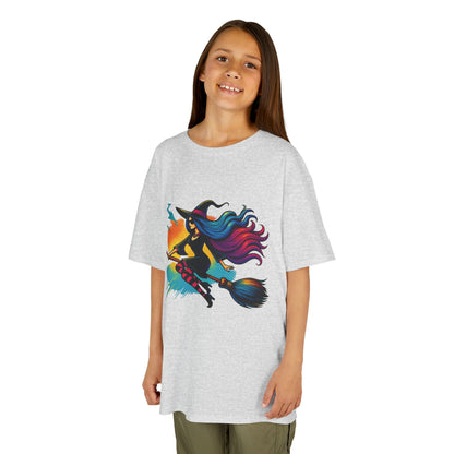 Girls Witch T-Shirt, Colorful Halloween Witch Graphic Tee for Kids, Fun Spooky Broomstick Shirt, Gift for Girls