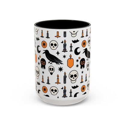 Gothic Halloween Mug, Skull, Candle - Raven Pattern Coffee Cup, Dark Aesthetic Spooky Gift for Her or Him, Accent Coffee Mug (11, 15oz)