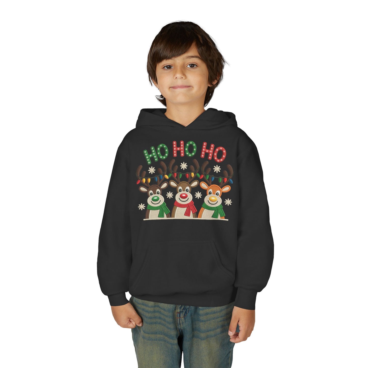 Ho Ho Ho Reindeer Hoodie for Girls, Cute Christmas Holiday Kids Pullover, Youth Hooded Sweatshirt