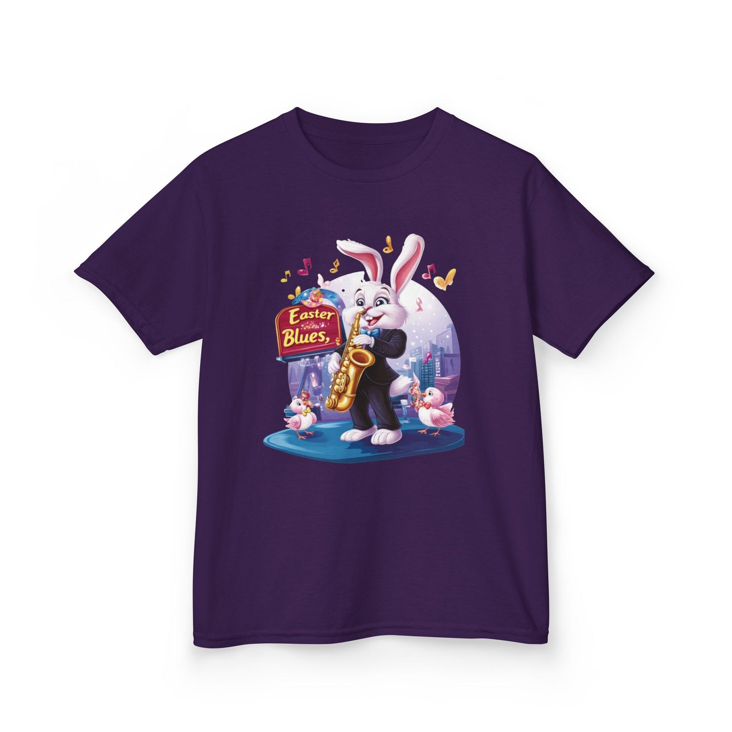 Easter Blues Bunny Kids T-Shirt - Cute Jazz Music Themed Tee for Boys and Girls, Fun Spring Gift, Bunny Playing Saxophone Design