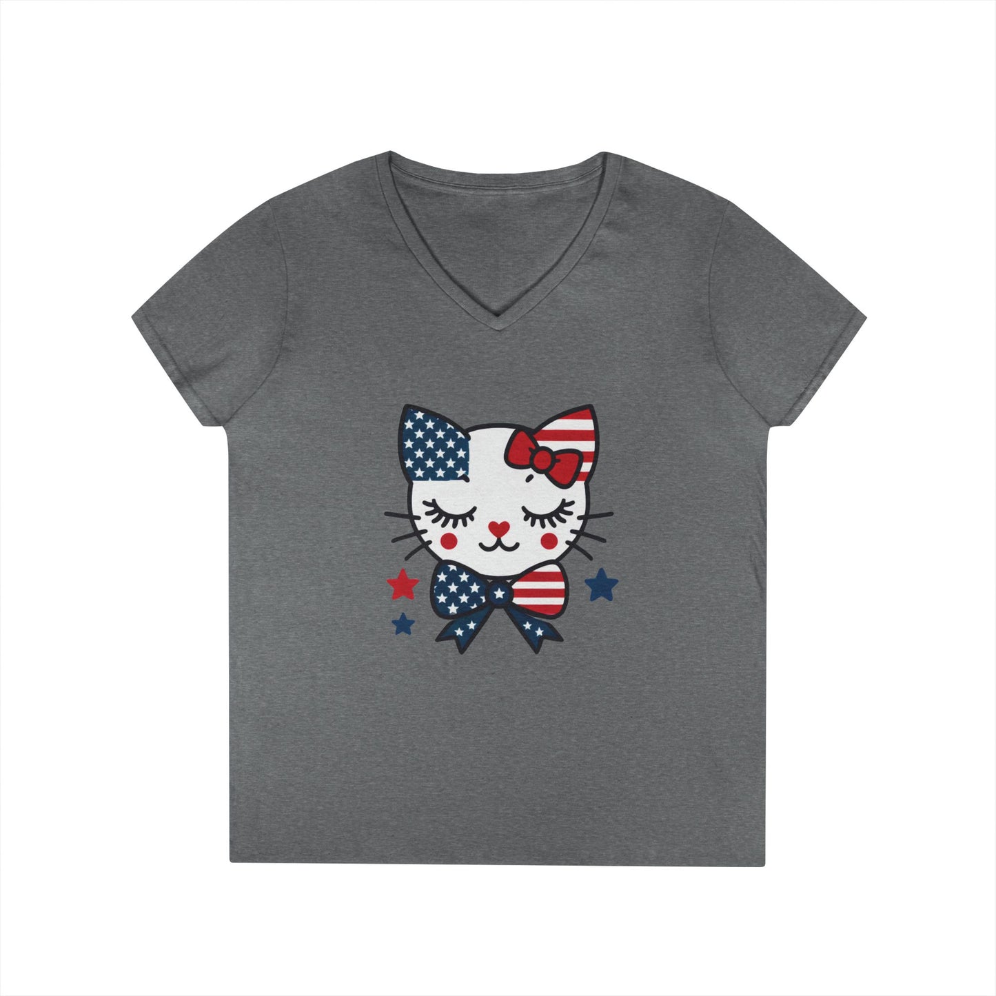 Patriotic Cat Ladies' V-Neck T-Shirt, Cute Tee, July 4th Top, Independence Day Shirt, Gift for Cat Lovers, Casual Summer Wear