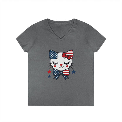 Patriotic Cat Ladies' V-Neck T-Shirt, Cute Tee, July 4th Top, Independence Day Shirt, Gift for Cat Lovers, Casual Summer Wear