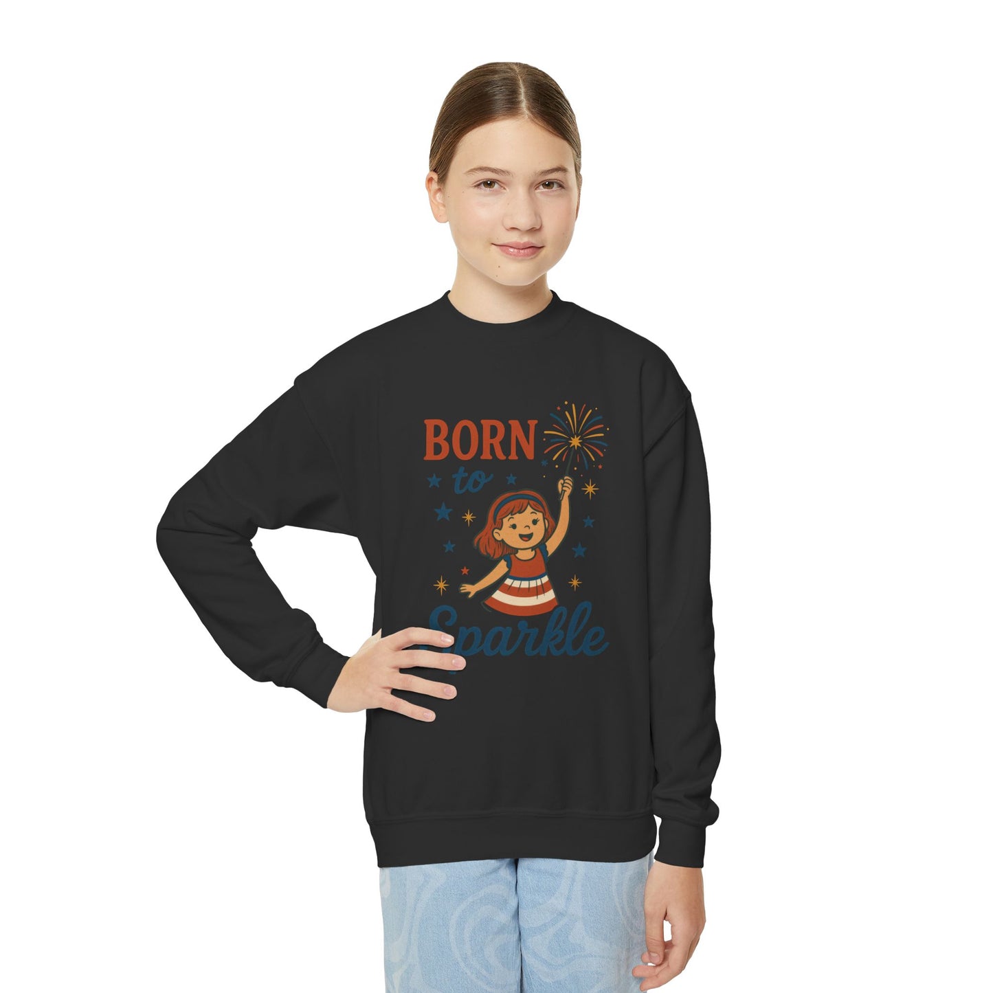 4th of July Youth Crewneck Sweatshirt, Born to Sparkle Tee, Patriotic Fireworks Toddler Crewneck, Independence Day Outfit for Tween Girls