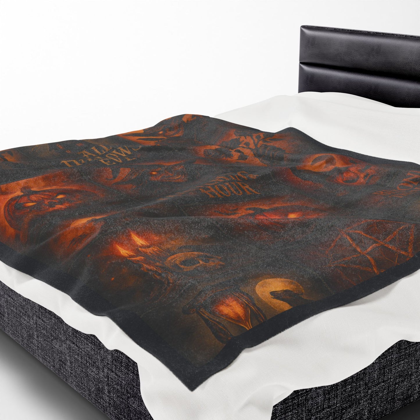 Gothic Halloween Velveteen Plush Blanket, Dark Fantasy Horror Throw, All Hallows Eve Witch Pumpkin Skull Blanket, Spooky Gothic Home Décor