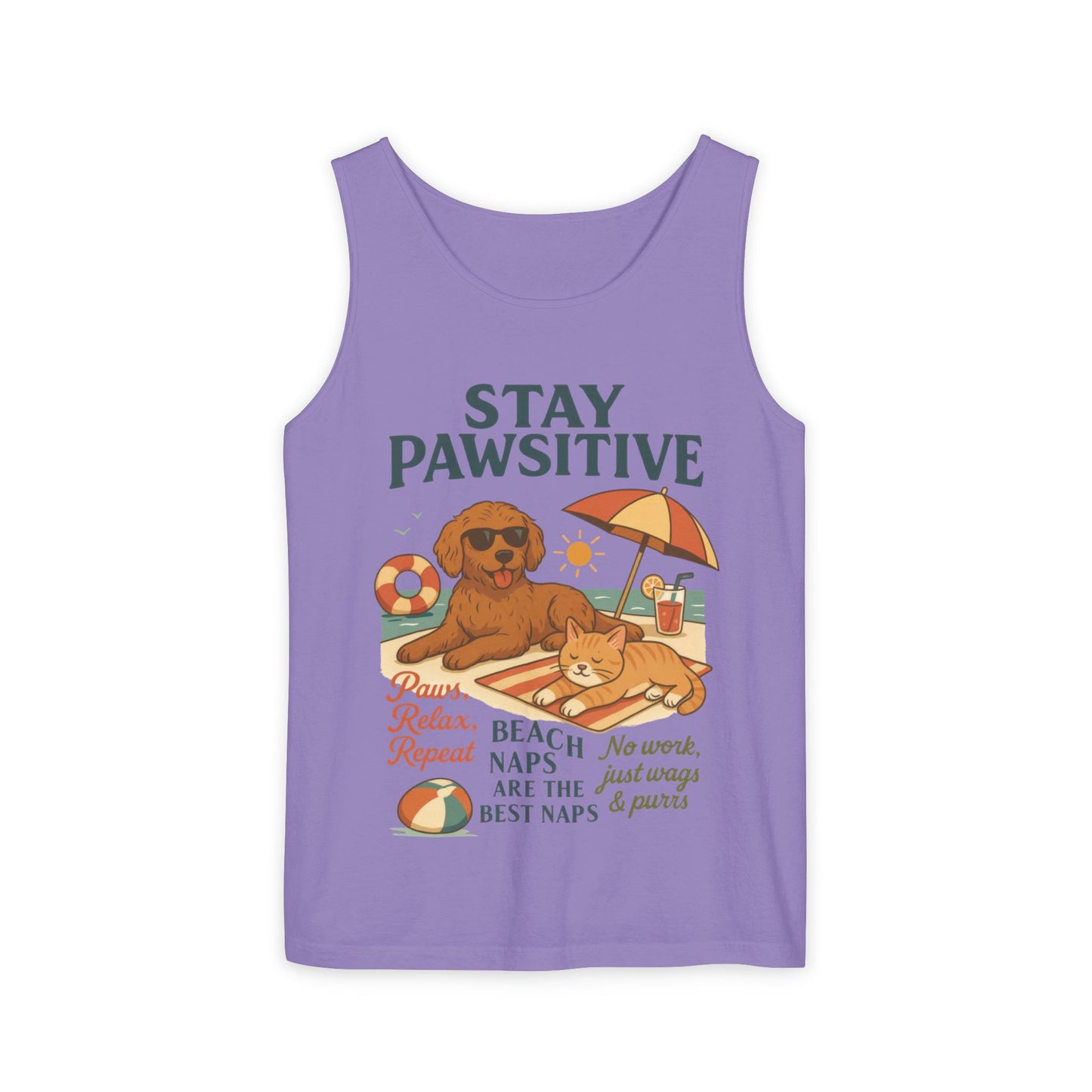 Stay Pawsitive Womens Tank, Cute Dog & Cat Beach Tee, Summer Pet Lover Tee, Animal Graphic Heavy Cotton Tee, Fun Pet Lovers Gift, Summer Top