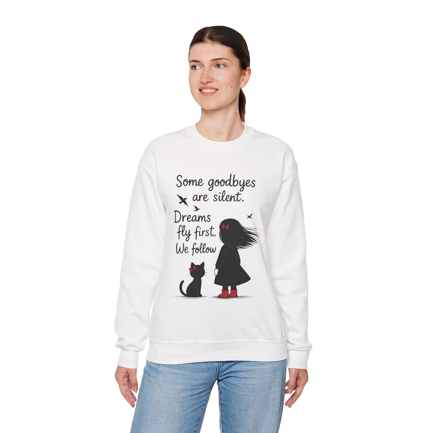 Cozy Farewell Girl & Cat Pullover, Hand Drawn Red Dress Art, Minimalist Womens Crewneck