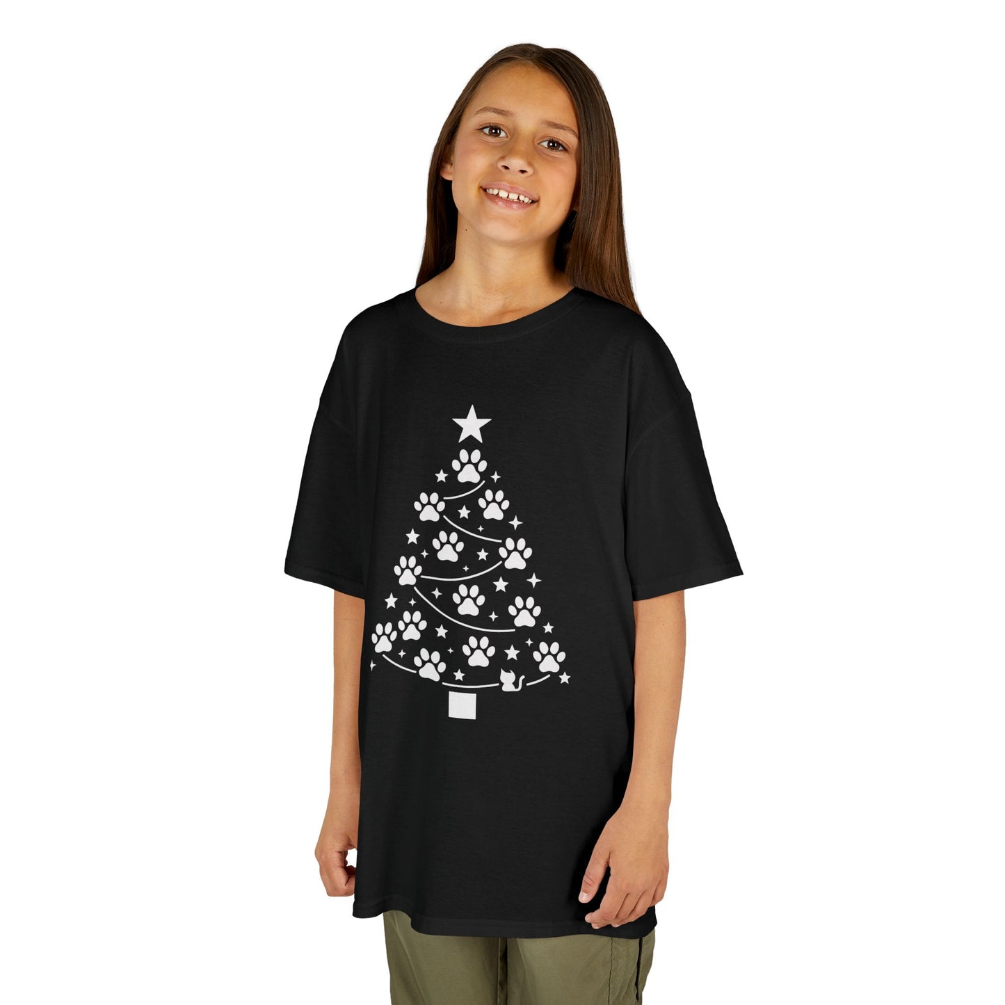 Paw Christmas Tree Girls Youth T-Shirt, Cute Pet Lover Holiday Tee