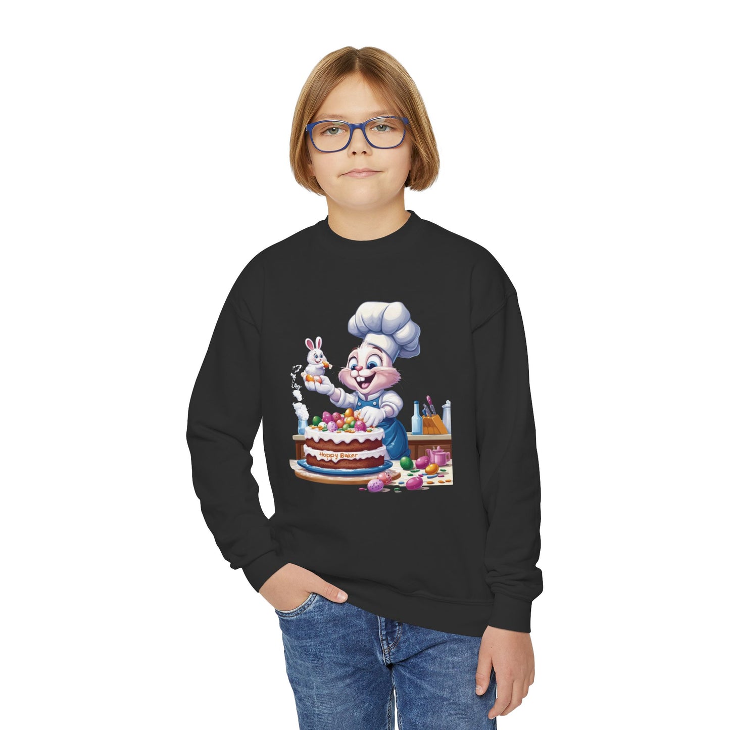 Hoppy Baker Easter Bunny Youth Sweatshirt - Cute Spring Crewneck for Kids with Chef Bunny and Cake, Fun Holiday Gift for Easter Lovers
