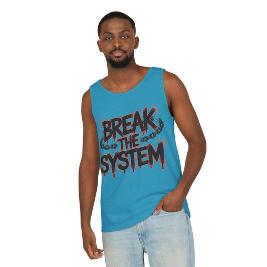 Men's Garment-Dyed Tank Top, Break the System Tank Top, Graphic Protest Muscle Tee, Streetwear Activist Summer Top