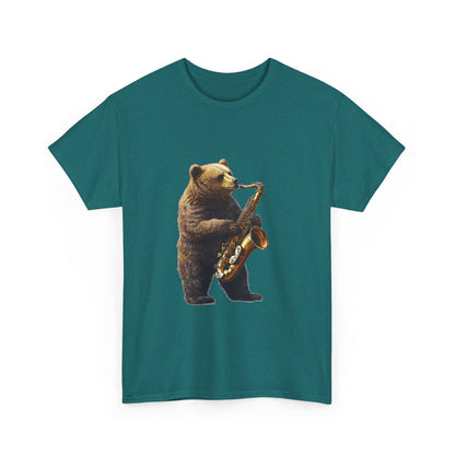 Saxophone Bear Unisex Heavy Cotton Tee, Music Lover Shirt, Gift for Musicians, Cute Animal Tee, Fun Jazz T-Shirt