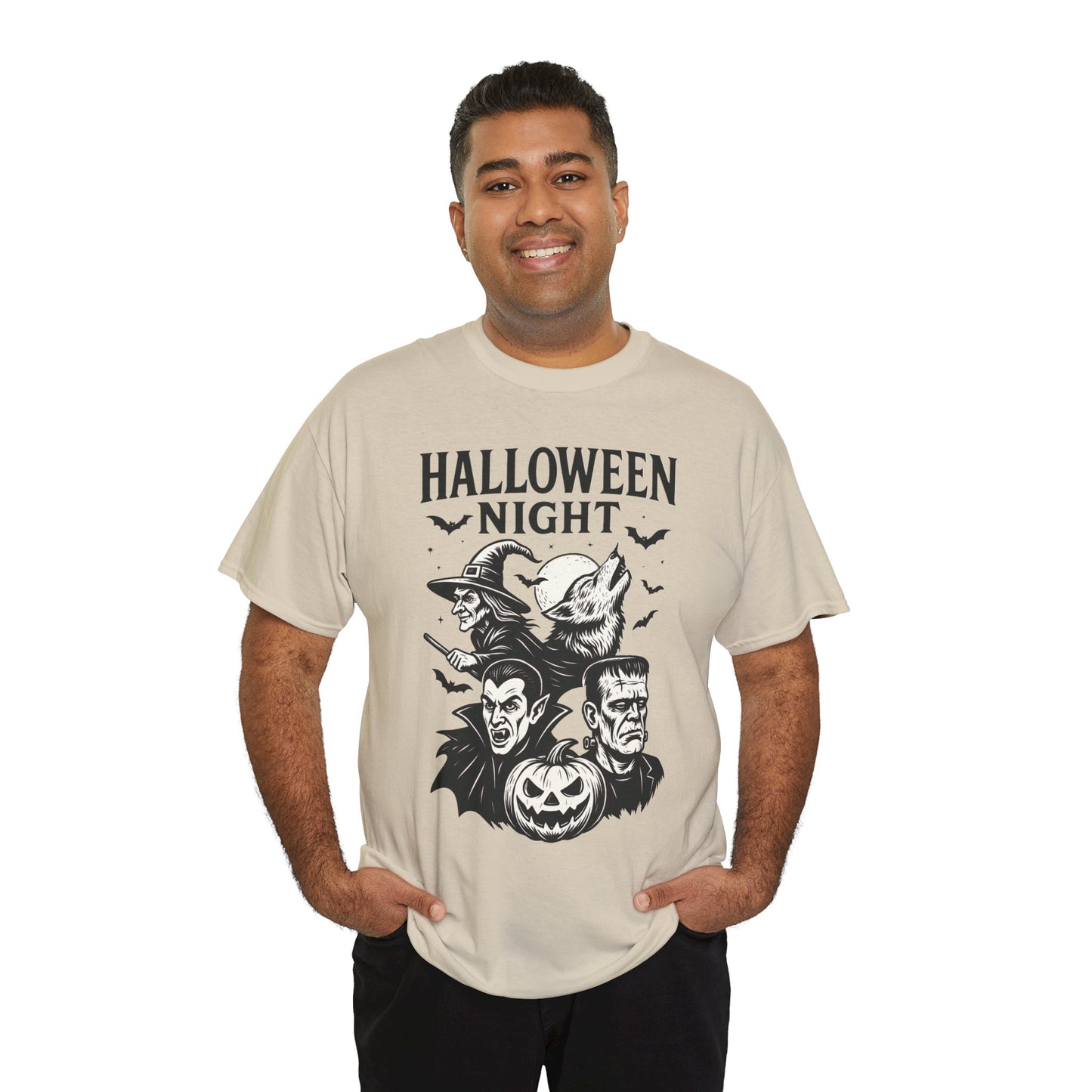 Halloween Night Men's T-Shirt, Classic Monsters Graphic Tee, Witch, Vampire, Frankenstein, Werewolf