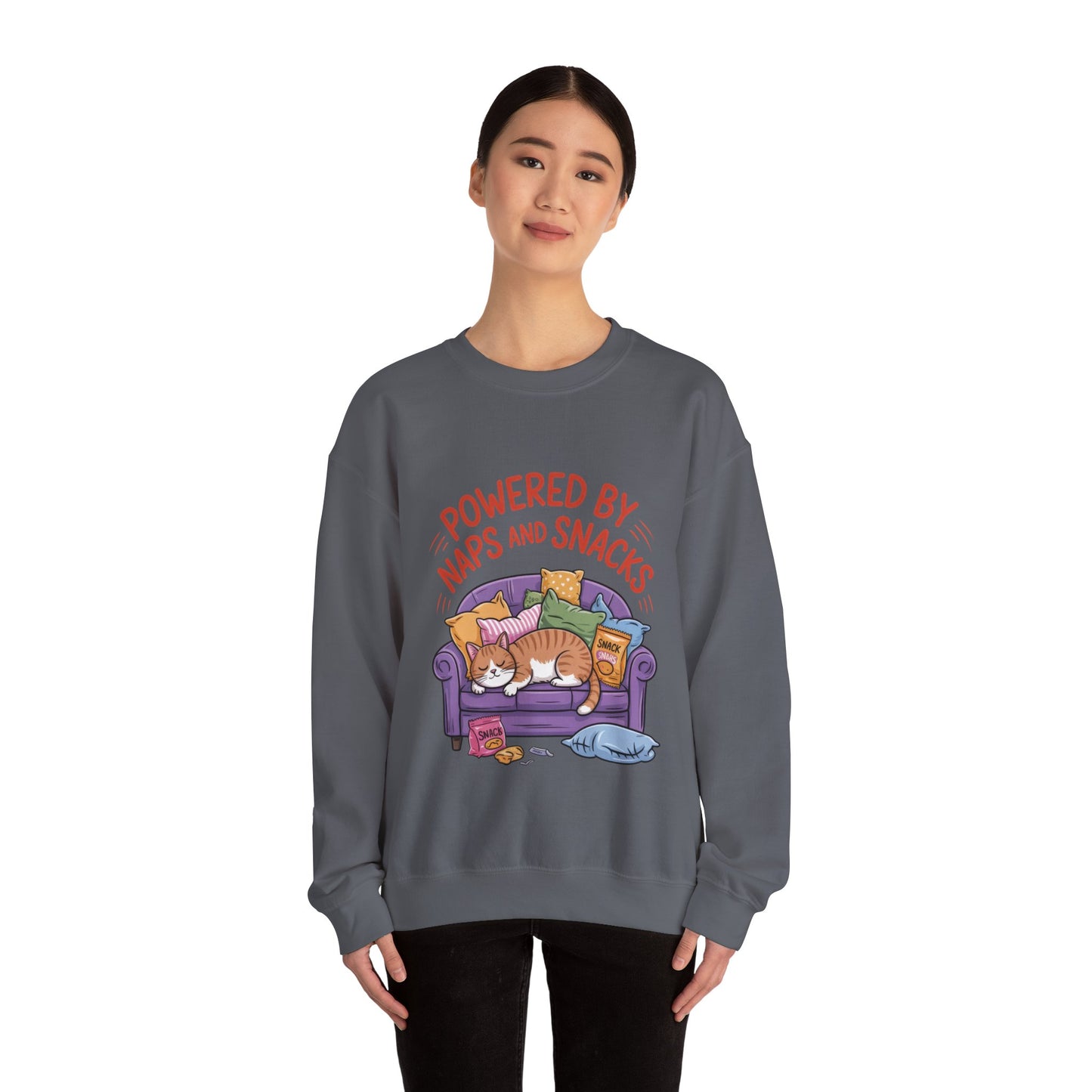 Powered by Naps and Snacks Sweatshirt, Cozy Lounge Crewneck, Gifts for Cat Lovers, Funny Cat Sweatshirt, Casual Everyday Wear