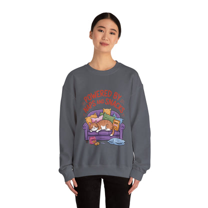 Powered by Naps and Snacks Sweatshirt, Cozy Lounge Crewneck, Gifts for Cat Lovers, Funny Cat Sweatshirt, Casual Everyday Wear