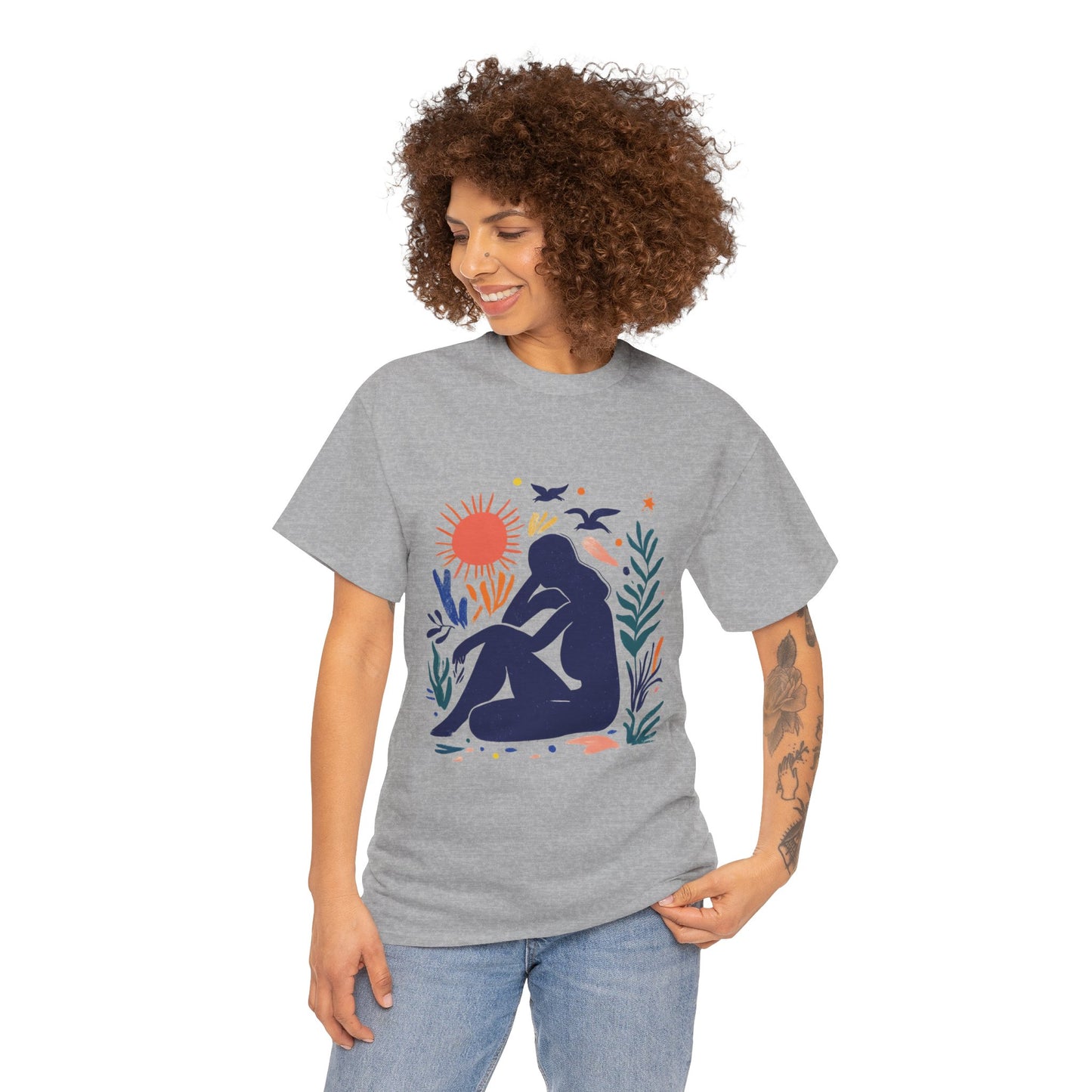 Boho Chic Unisex T-Shirt, Minimal Abstract Woman T-Shirt, Tee for Nature Lovers, Sun and Nature Print, Artistic Silhouette Tee