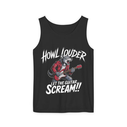 Howl Louder Wolf Tank Top, Mens Muscle Shirt, Rock Guitarist Graphic Sleeveless Tee, Wolf Workout Gym Tank, Music Lover Gift