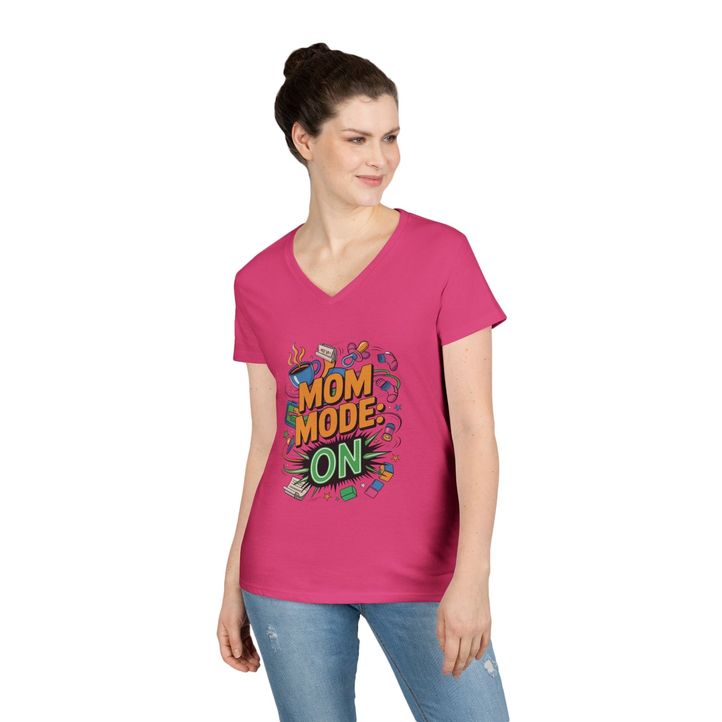 Mom Mode On Ladies V-Neck T-Shirt, Gift for Mom, Mother's Day Gift, Mother's Day Humor T-Shirt, Cute Mama Life Graphic Tee