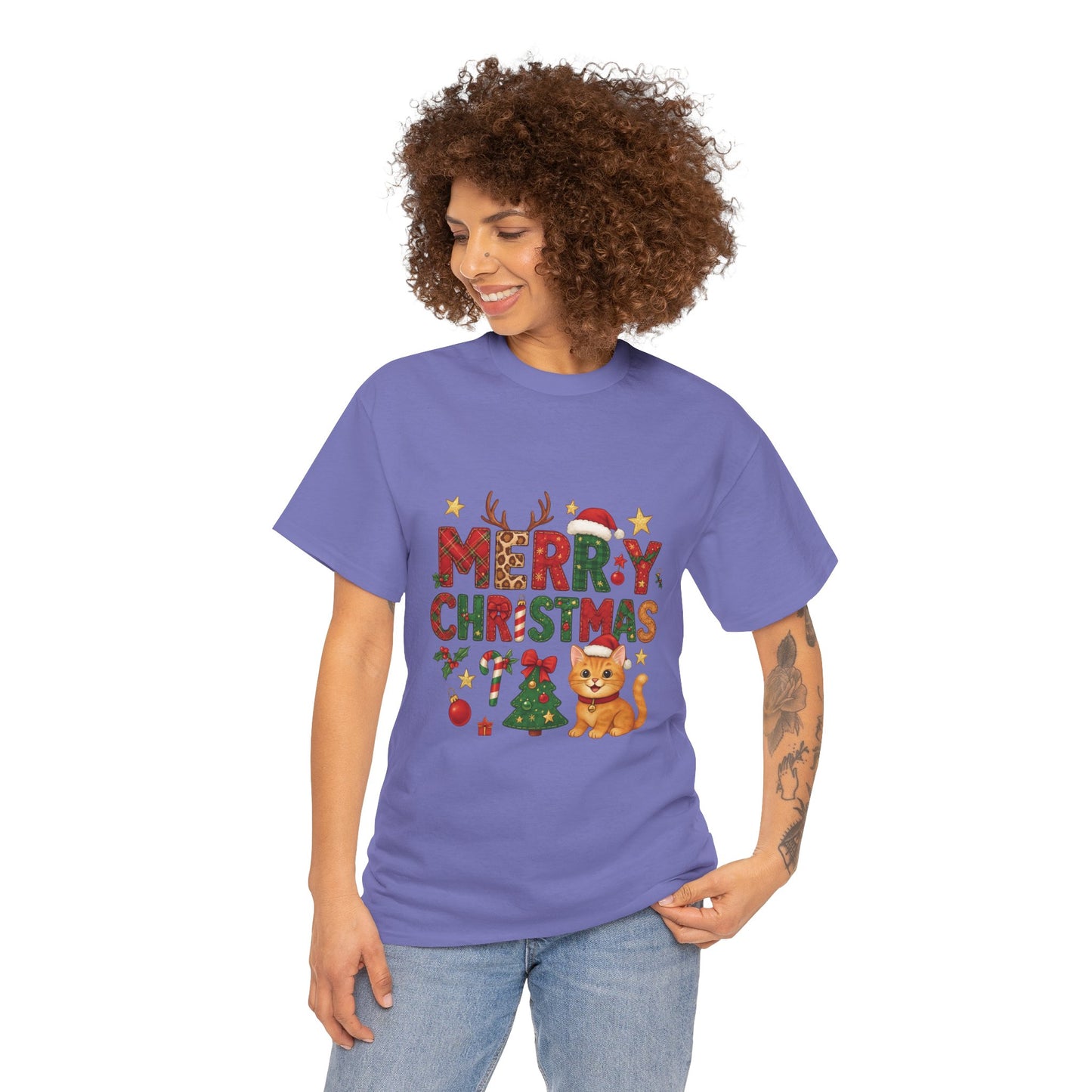 Merry Christmas Cat Shirt, Cute Holiday Cat Lovers Tee for Women