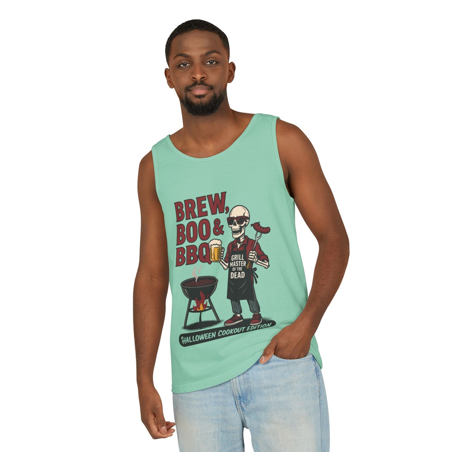 Halloween BBQ Men's Tank Top, Brew Boo & BBQ Skeleton Grill Master, Funny Dad Gift, Grill Master Top, Funny Skeleton Top