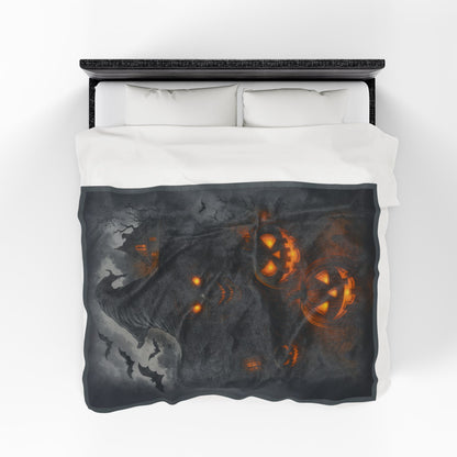 Witch and Pumpkins Halloween Velveteen Plush Blanket, Spooky Cozy Throw, Gothic Haunted House Decor, Horror Witch Gift