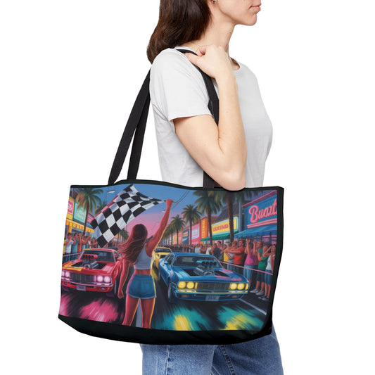 Vintage Race Night Weekender Tote Bag, Travel Bag, Beach Bag, Shopping Tote, Gift for Car Lovers