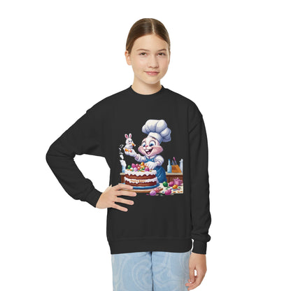 Hoppy Baker Easter Bunny Youth Sweatshirt - Cute Spring Crewneck for Kids with Chef Bunny and Cake, Fun Holiday Gift for Easter Lovers