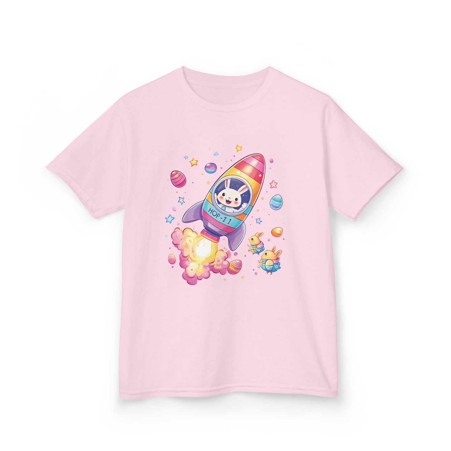 Easter Astronaut Bunny Kids T-Shirt - Cute Space Rocket Bunny with Colorful Eggs, Fun Spring Tee for Boys and Girls, Holiday Gift Idea