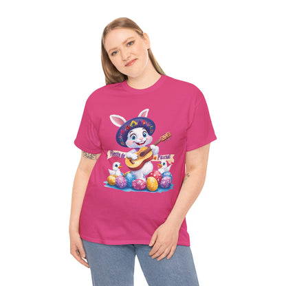 Fiesta de Pascua Bunny Shirt, Funny Easter Rabbit Playing Guitar Tee, Colorful Unisex Heavy Cotton T-Shirt, Cute Holiday Celebration Gift
