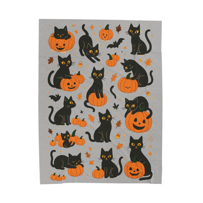 Cute Black Cats and Pumpkins Halloween Blanket, Cozy Fall Velveteen Plush Throw, Kawaii Spooky Cat Lover Gift, Autumn Home Decor, Blanket