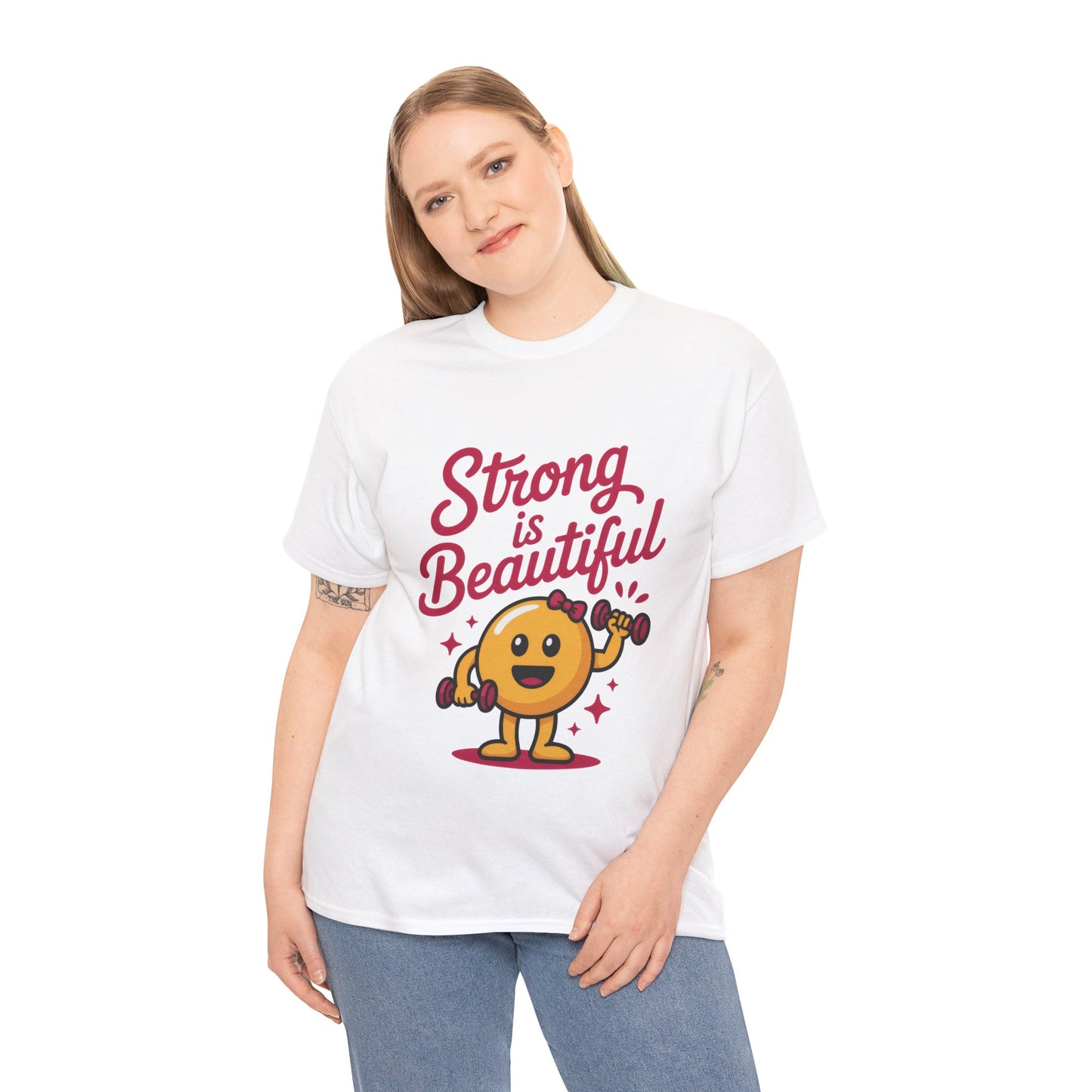 Strong is Beautiful Womens T-Shirt, Cute Fitness Character Graphic Tee, Inspirational Workout Shirt, Gym Motivation Gift for Her