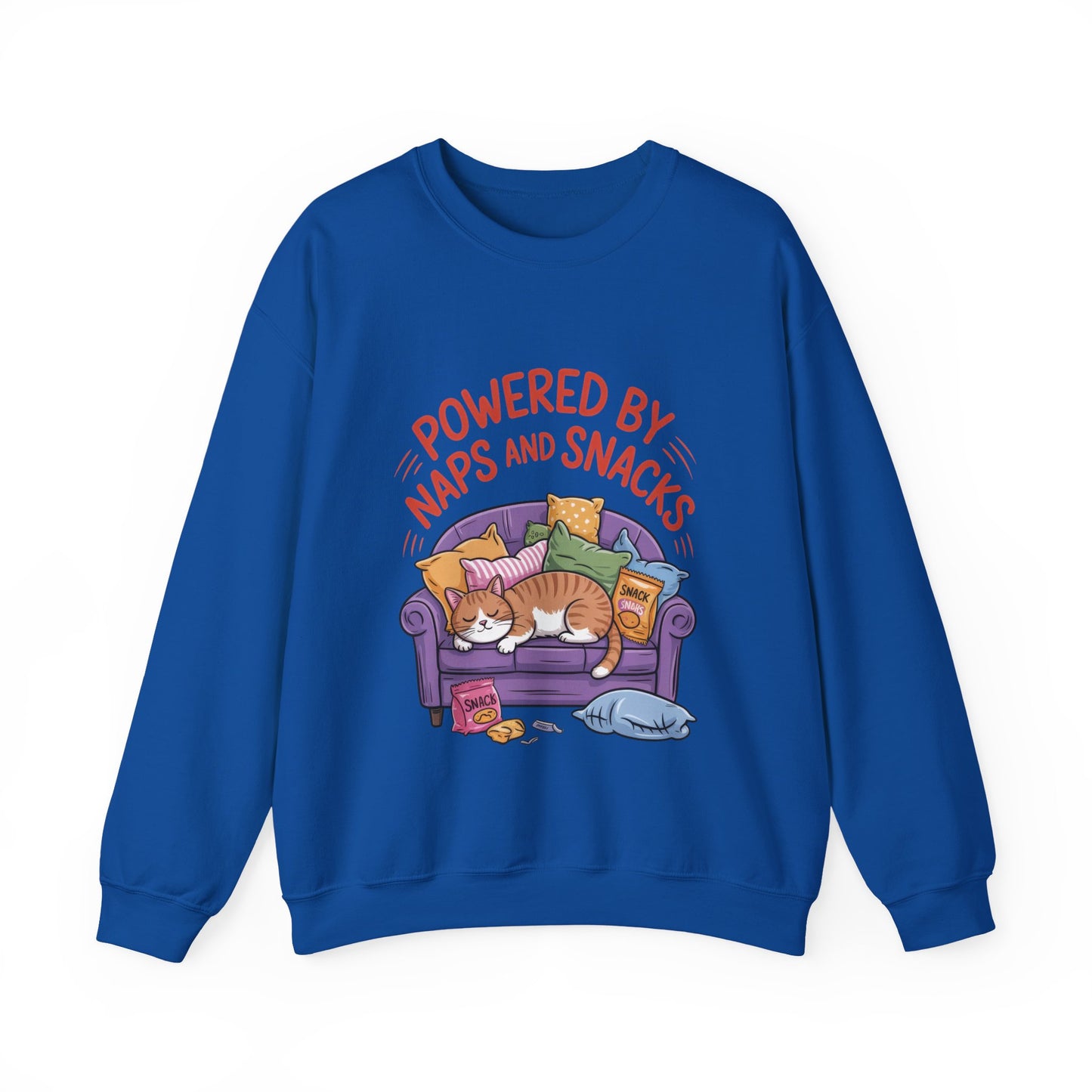 Powered by Naps and Snacks Sweatshirt, Cozy Lounge Crewneck, Gifts for Cat Lovers, Funny Cat Sweatshirt, Casual Everyday Wear