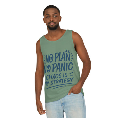 Funny Chaos Quote Mens Tank Top, No Plan No Panic Humor Shirt, Casual Graphic Tee Gift for Him, Relaxed Fit, Workout Gym Humor Shirt