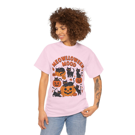 Meowlloween Mood Cat Shirt for Women, Cute Black Cat and Pumpkin Halloween Tee, Cozy Fall Kawaii Spooky Graphic Top, Cat Lover Gift