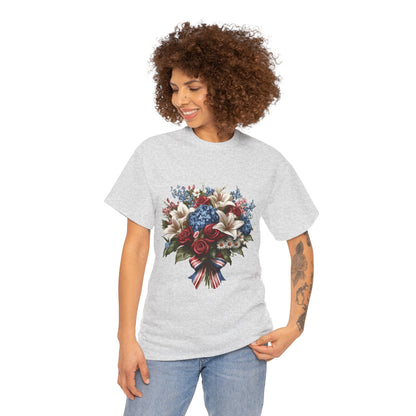 Patriotic Floral Bouquet T-Shirt, Red White Blue Flower Graphic Tee, USA Pride Shirt, Unisex Heavy Cotton Tee