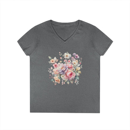Pastel Floral Bouquet Ladies' V-Neck T-Shirt, Romantic Soft Vintage Flower Tee, Spring Fashion, Gift for Her, Everyday Wear