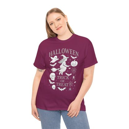 Halloween Witch Flying Broomstick T-Shirt, Trick or Treat Ghost Pumpkin Skull Spider Web Women's Tee