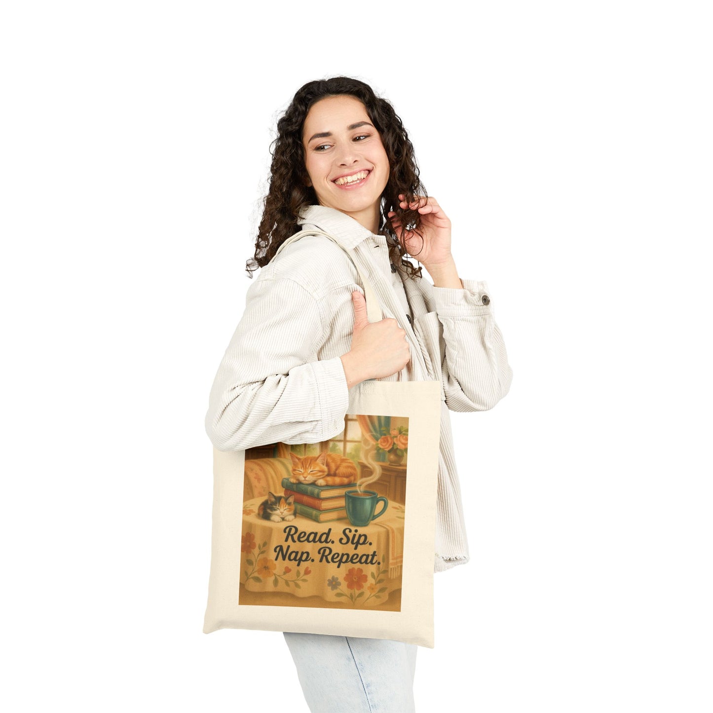 Cute Cotton Canvas Tote Bag - Read Sip Nap Repeat | Perfect for Book Lovers, Cat Lovers, Eco-Friendly Gift, Reusable Shopping Bag, Charming