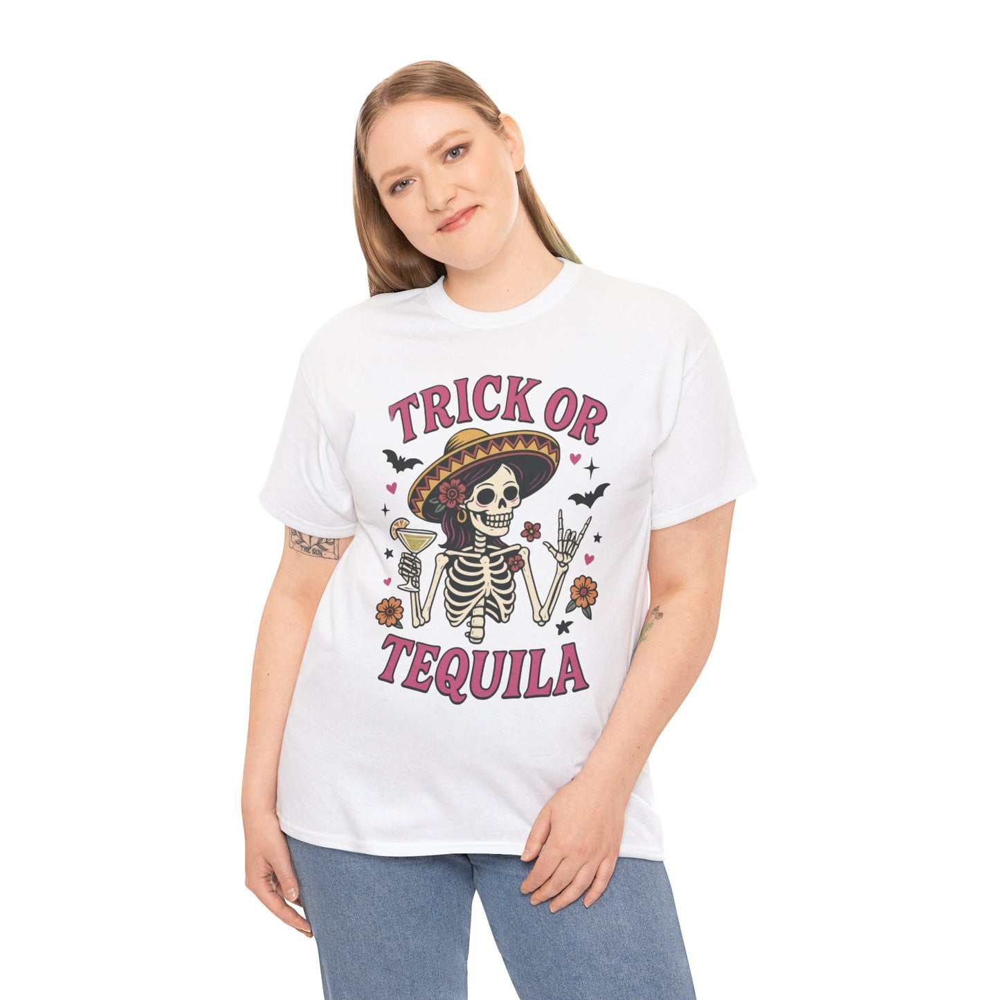 Trick or Tequila Women's T-Shirt, Funny Halloween Skeleton Drinking Shirt, Party Graphic Tee